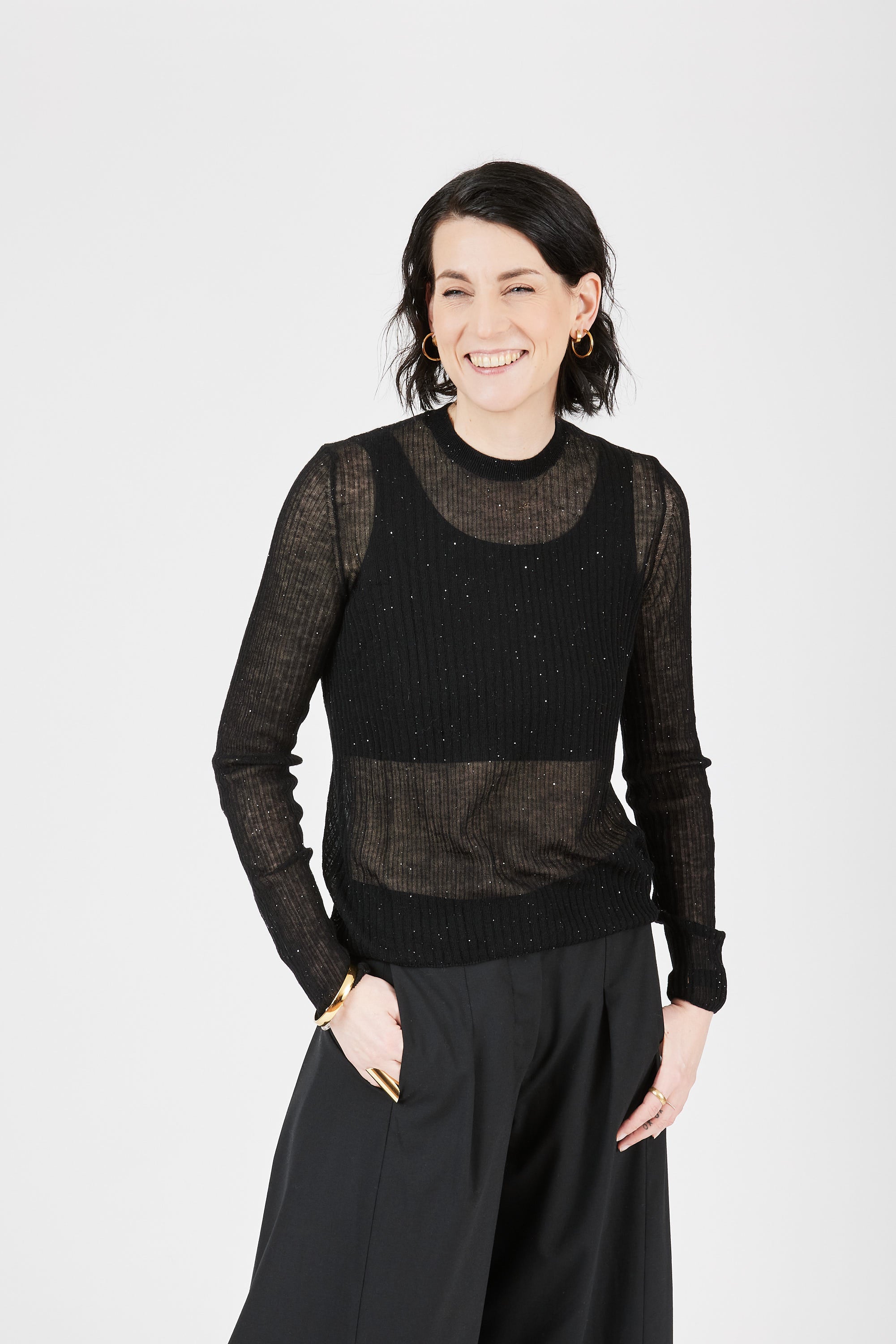 Ultra-light Merino wool ribbed crew neck sweater in Black– sustainable knitwear-Maison Marron et amis
