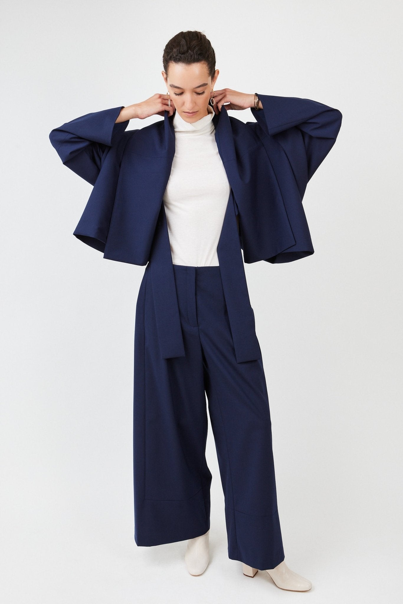 Off-White Sheer Turtleneck made from 100% Organic Cotton -Reversible hybrid suit jacket for women in black with oversized fit and kimono-inspired sleeves, crafted from premium wool blend- Navy - Maison Marron et amis