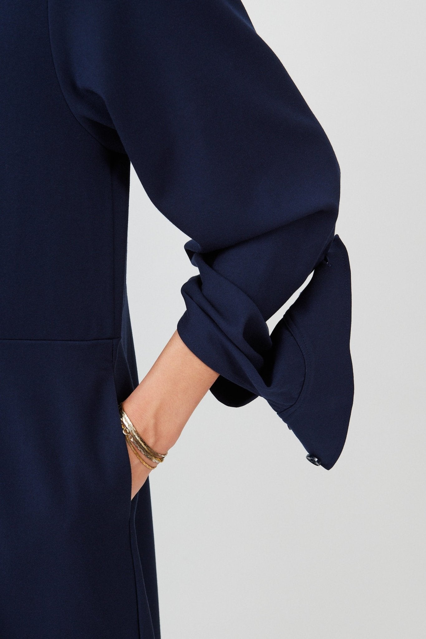 Detail Model wearing midi shirt dress with elegant drape and modern fit| Navy - Maison Marron et amis