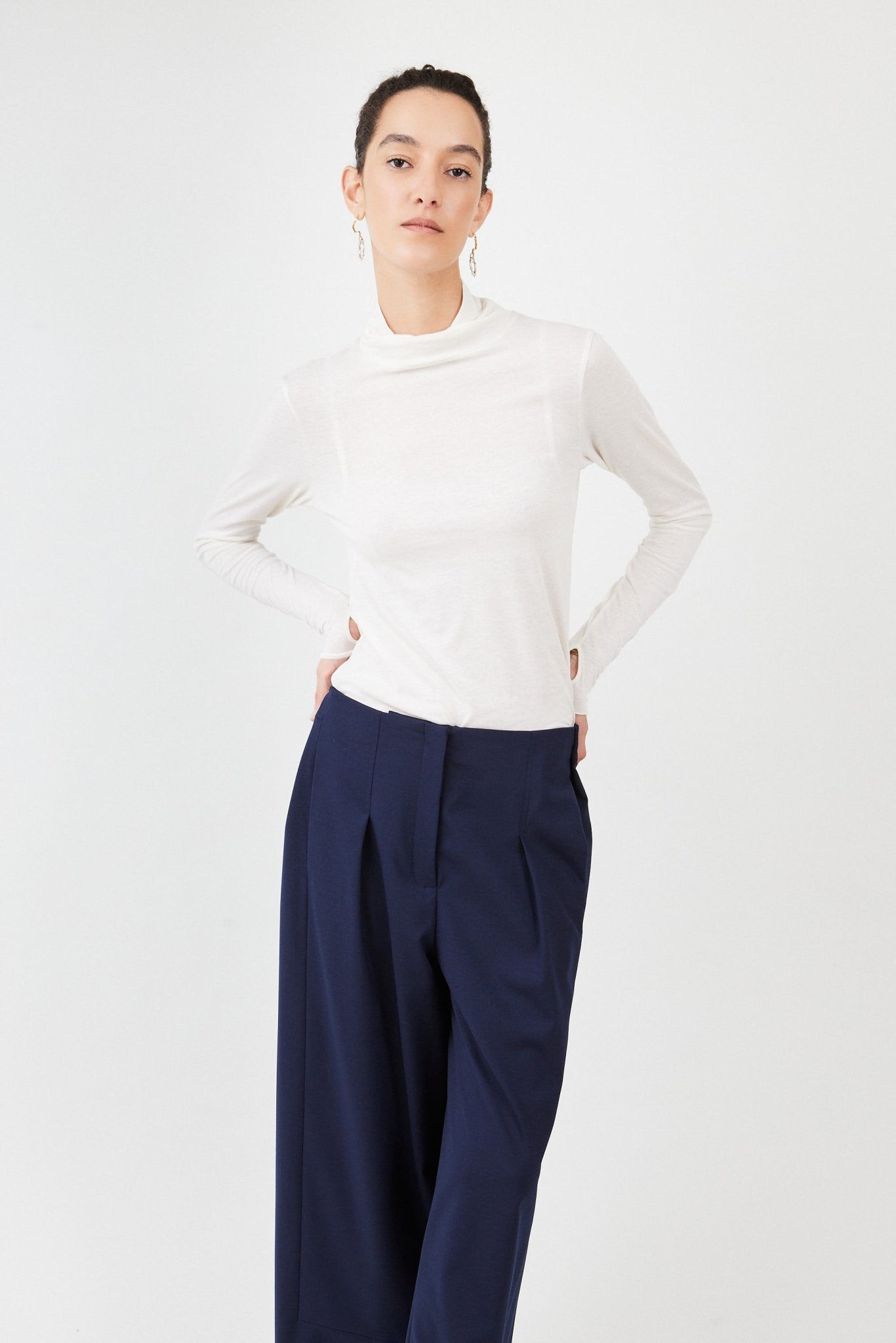 Off-White Sheer Turtleneck made from 100% Organic Cotton- Suit Pants Half Waistband | Navy - Maison Marron et amis