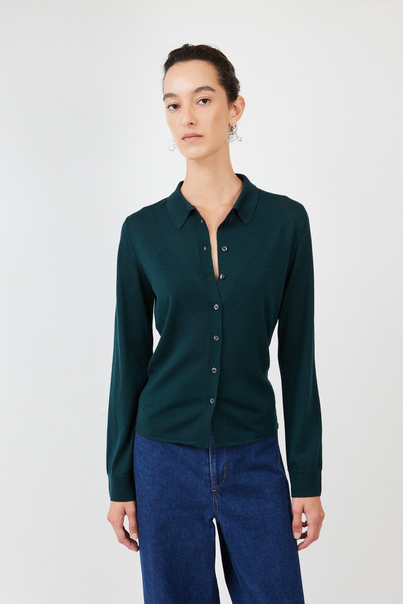 Super Fine Knitted Blouse lightweight merino wool elegance Dark Green - Maison Marron et amis
