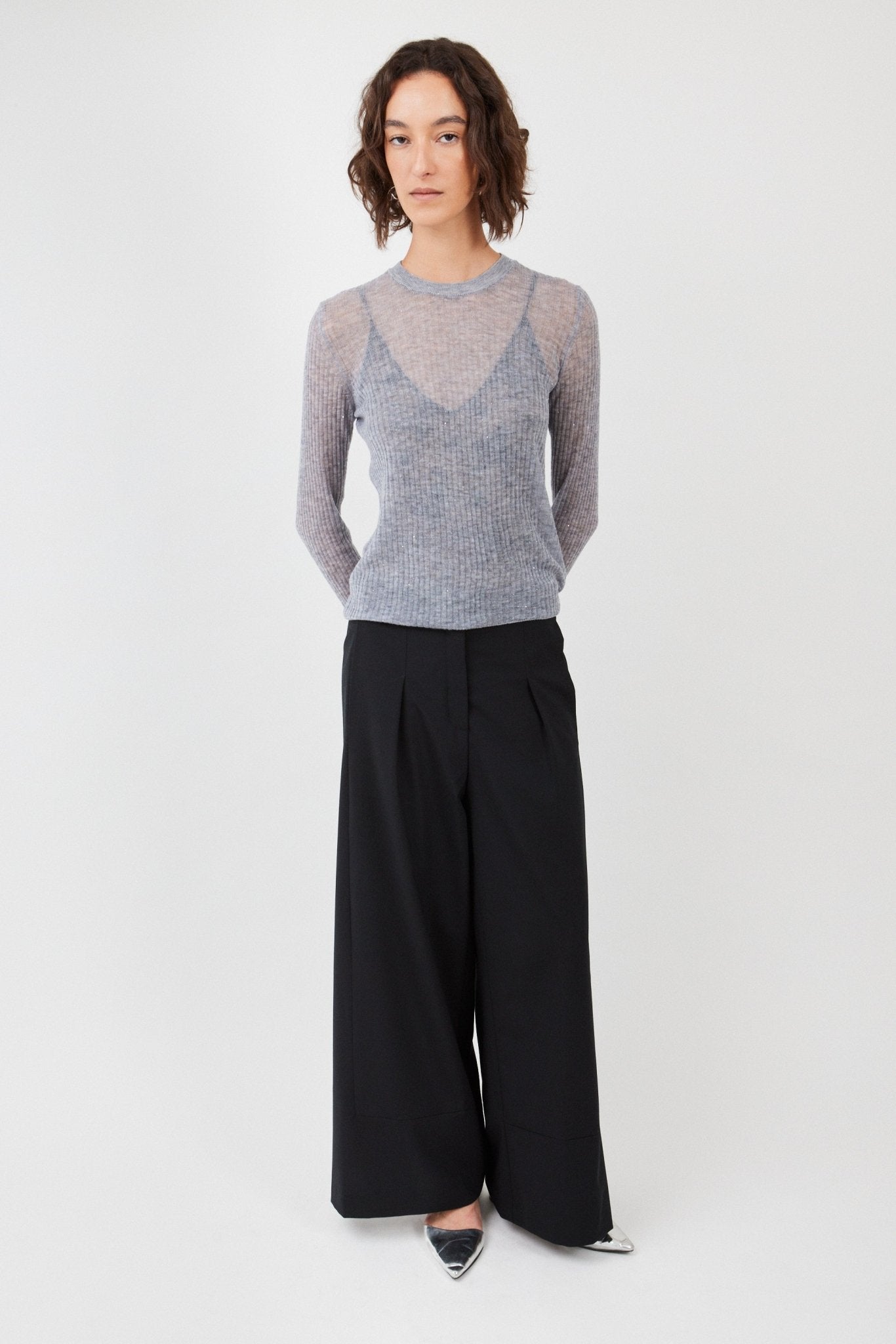 Ultra-light Merino wool ribbed crew neck sweater in Grey Melange with subtle sequin - Maison Marron et amis