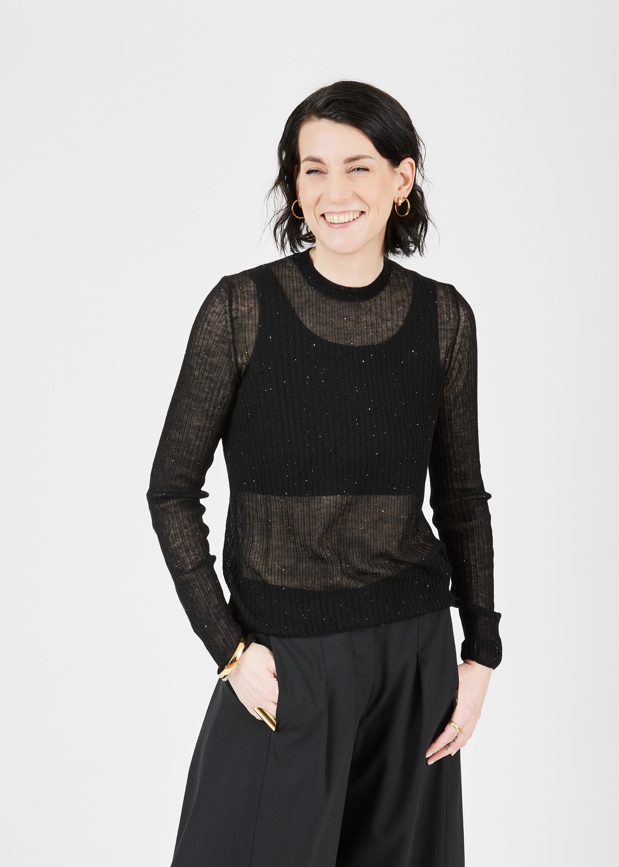Ultra-light Merino wool ribbed crew neck sweater in Black– sustainable knitwear-Maison Marron et amis
