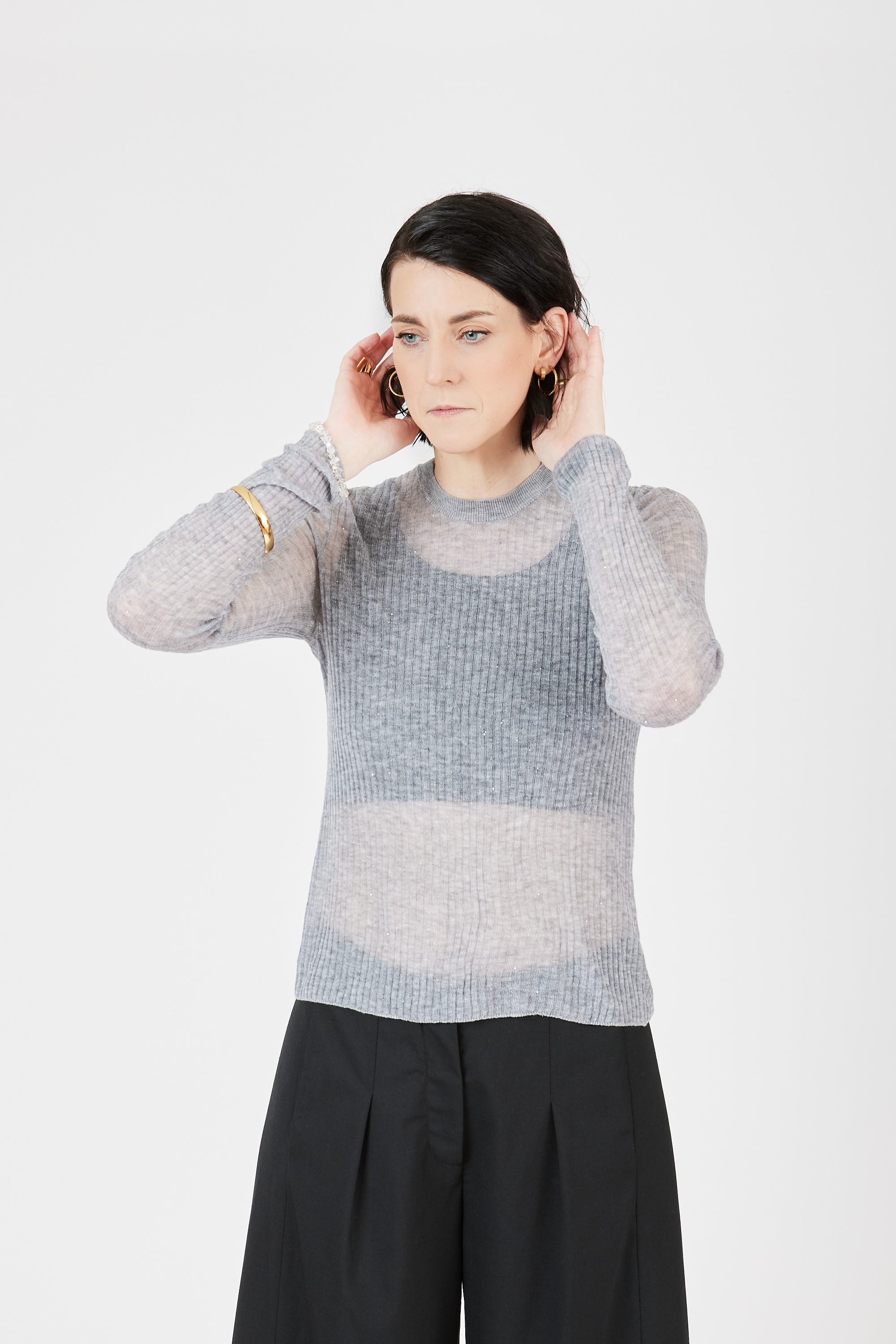Ultra-light Merino wool ribbed crew neck sweater in Grey Melange with subtle sequin - Maison Marron et amis