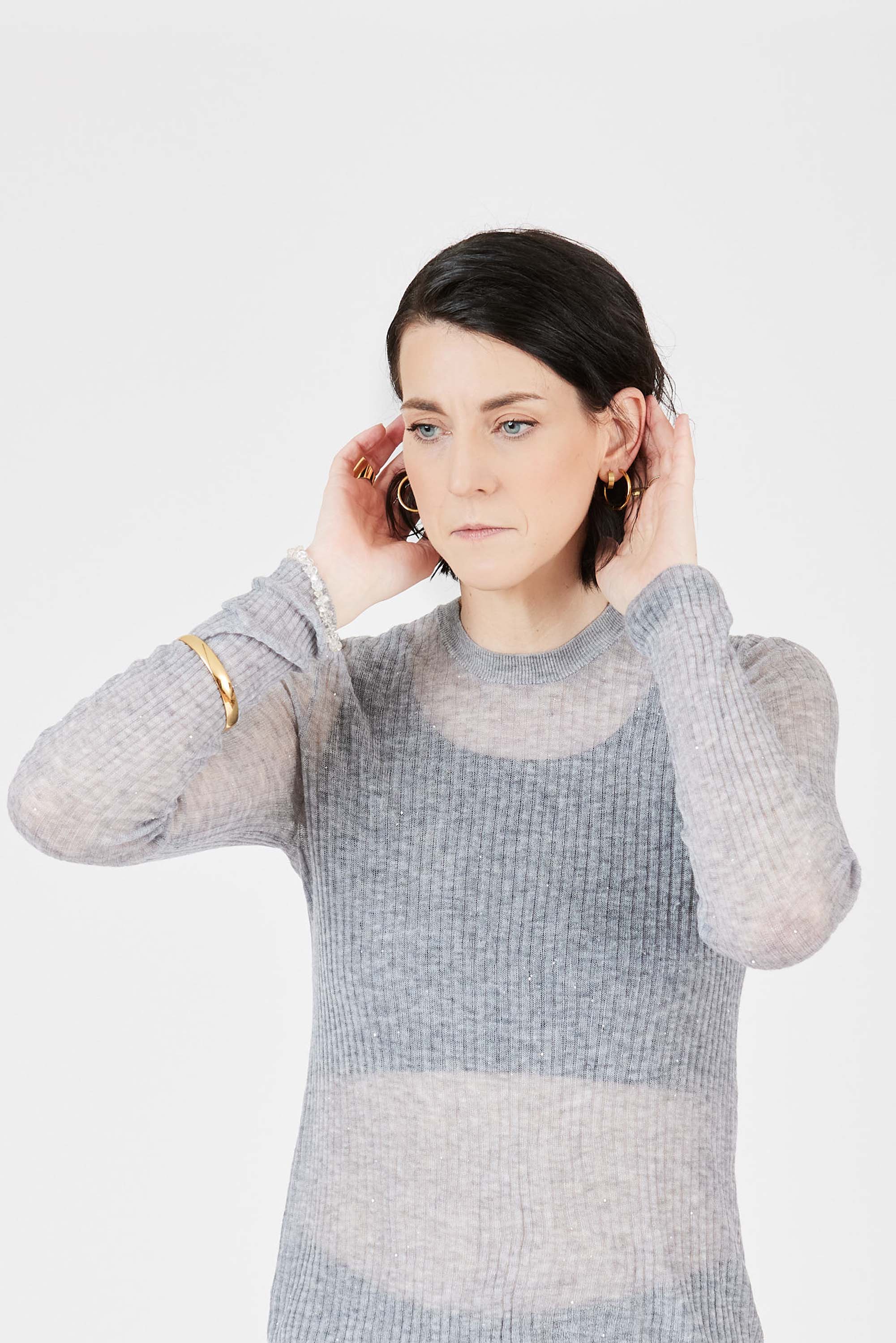 Ultra-light Merino wool ribbed crew neck sweater in Grey Melange with subtle sequin - Maison Marron et amis