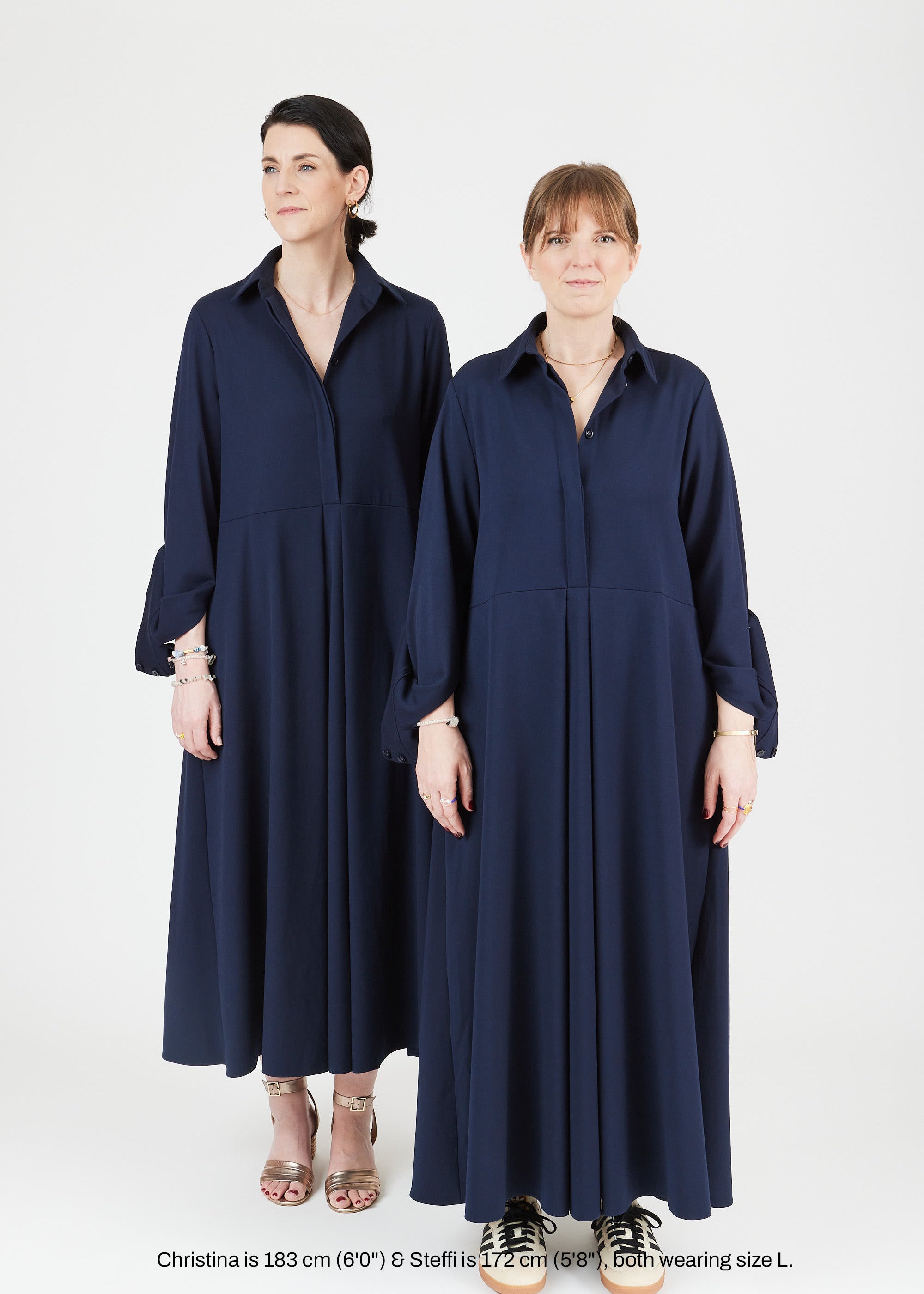 Model wearing midi shirt dress with elegant drape and modern fit| Navy - Maison Marron et amis