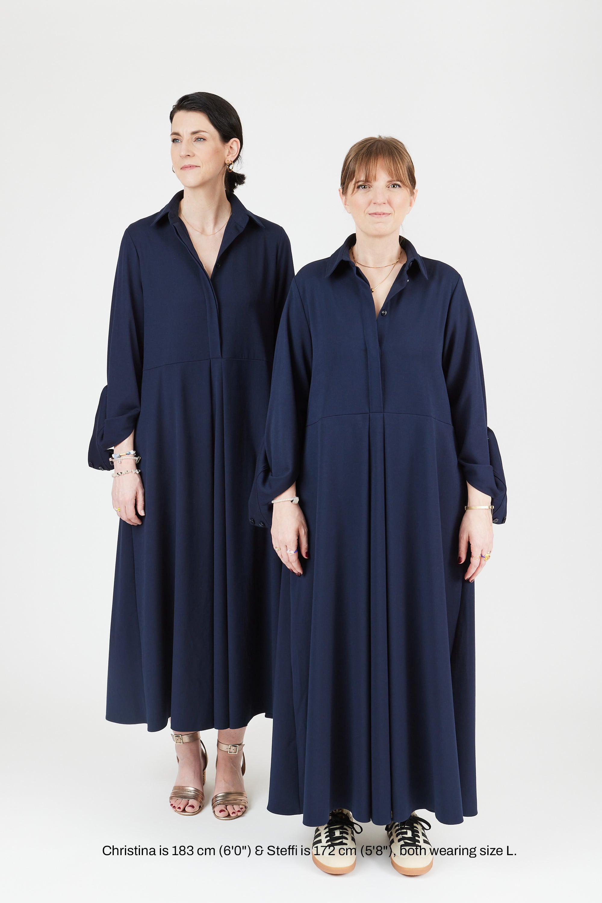 Model wearing midi shirt dress with elegant drape and modern fit| Navy - Maison Marron et amis