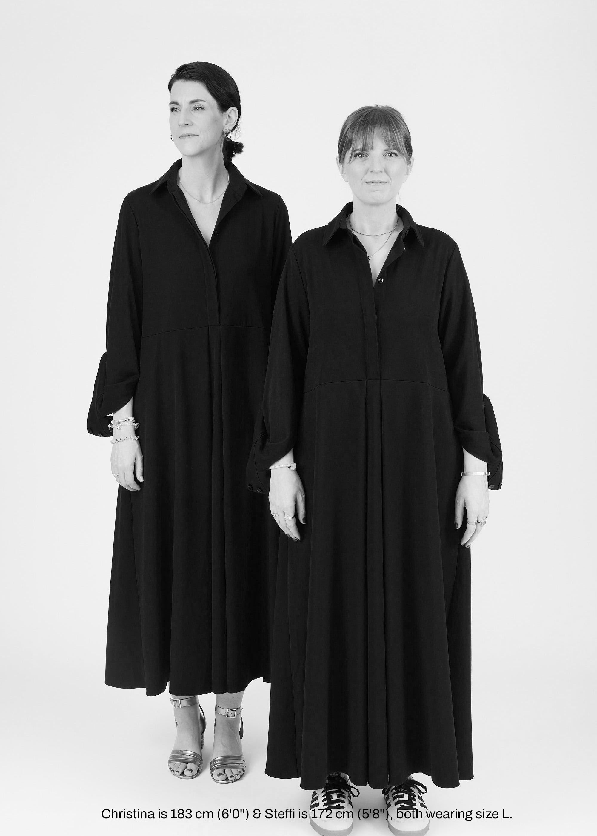 Models wearing midi shirt dress with elegant drape and modern fit | Black - Maison Marron et amis