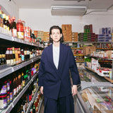 Navy hybrid suit jacket worn over a white t-shirt with matching trousers - Maison Marron et amis