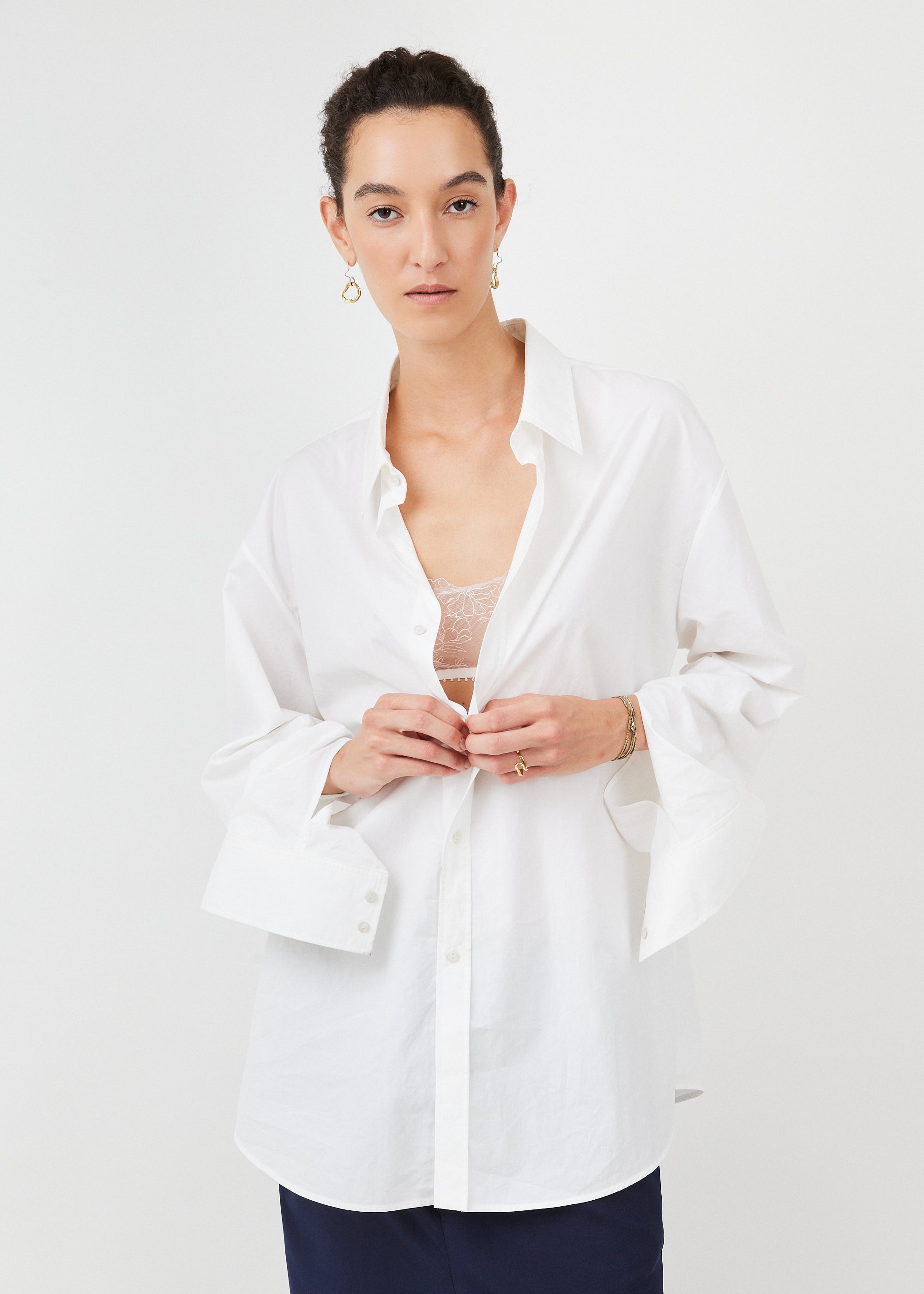 Triangle Shirt Cotton Poplin White — extended sleeves, signature cuff — Maison Marron et amis