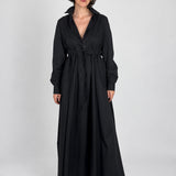Full-Length Shirt Dress in black, front view with open collar and drawstring waist - Maison Marron et amis