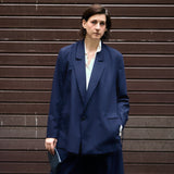 Open Side Blazer in navy worn open over a white shirt - Maison Marron et amis