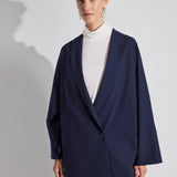 Reversible hybrid suit jacket for women in black with oversized fit and kimono-inspired sleeves, crafted from premium wool blend- Navy - Maison Marron et amis