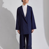 Reversible hybrid suit jacket for women in black with oversized fit and kimono-inspired sleeves, crafted from premium wool blend- Navy - Maison Marron et amis