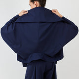 Reversible hybrid suit jacket for women in black with oversized fit and kimono-inspired sleeves, crafted from premium wool blend- Navy - Maison Marron et amis
