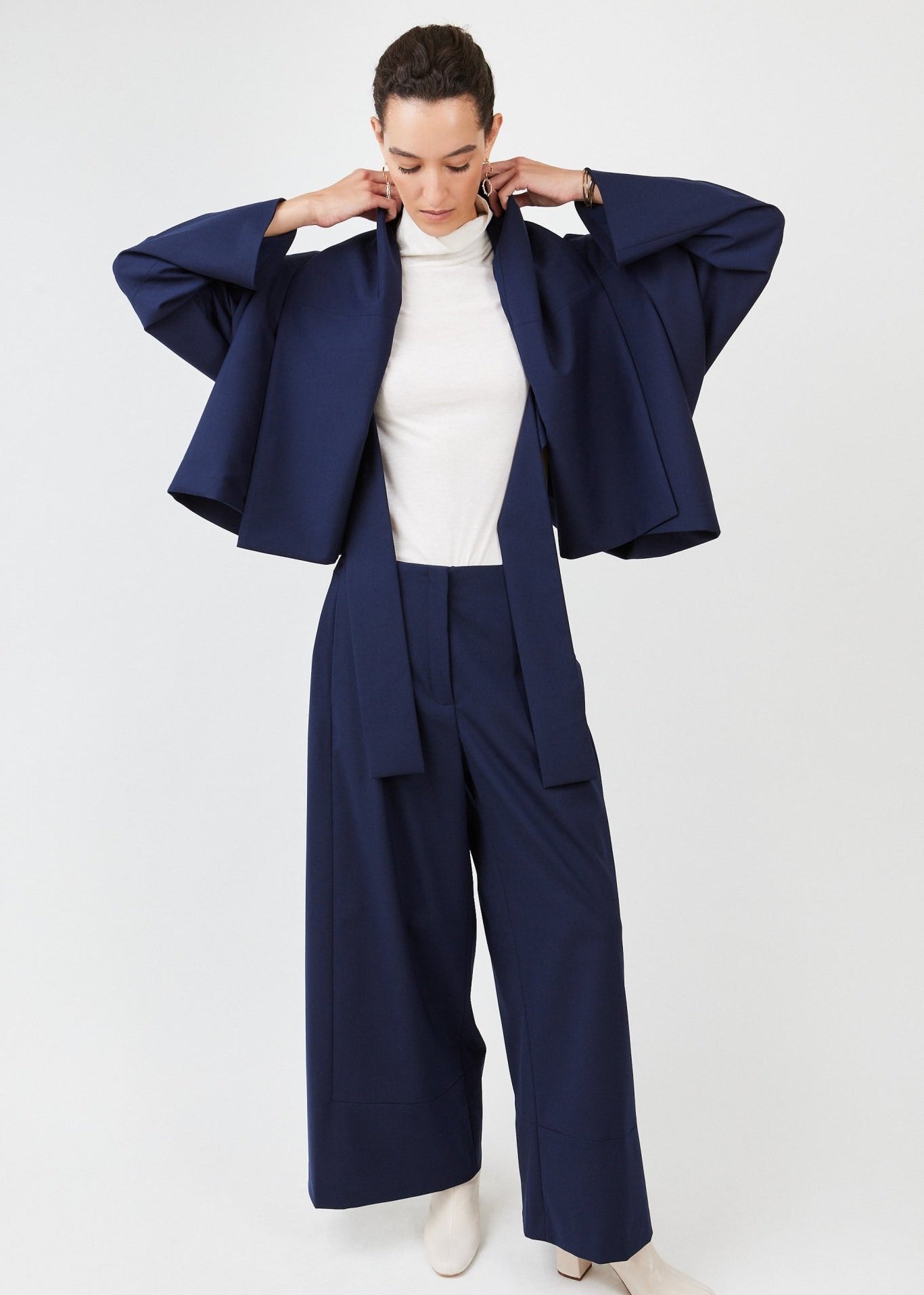 Off-White Sheer Turtleneck made from 100% Organic Cotton -Reversible hybrid suit jacket for women in black with oversized fit and kimono-inspired sleeves, crafted from premium wool blend- Navy - Maison Marron et amis