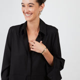 Model wearing midi shirt dress with elegant drape and modern fit | Black - Maison Marron et amis