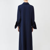Model wearing midi shirt dress with elegant drape and modern fit| Navy - Maison Marron et amis