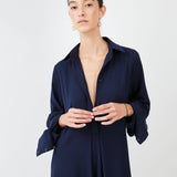 Model wearing midi shirt dress with elegant drape and modern fit| Navy - Maison Marron et amis