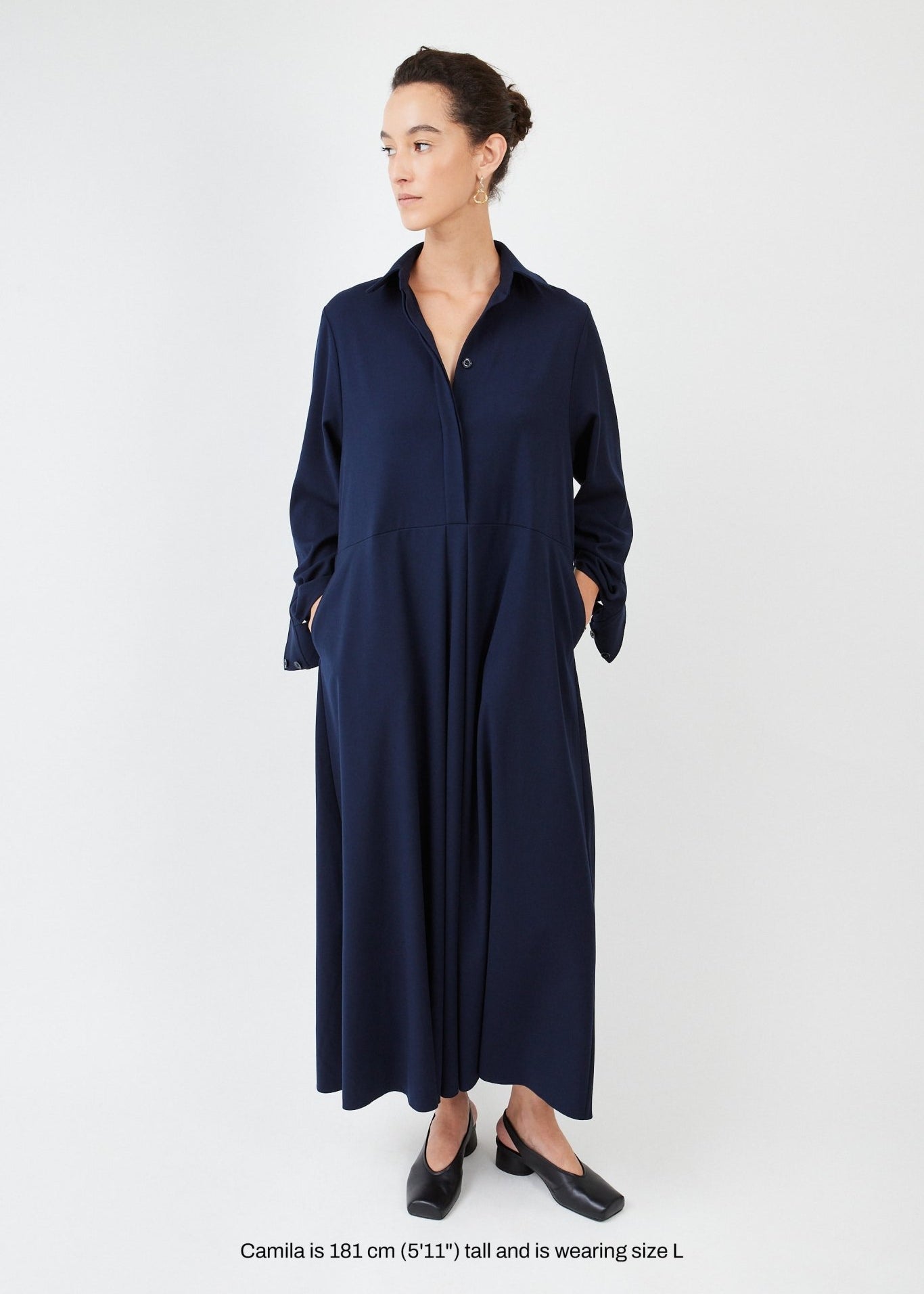 Model wearing midi shirt dress with elegant drape and modern fit| Navy - Maison Marron et amis
