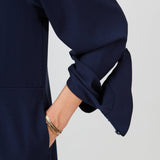 Detail Model wearing midi shirt dress with elegant drape and modern fit| Navy - Maison Marron et amis