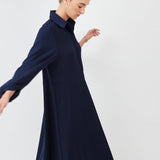 Model wearing midi shirt dress with elegant drape and modern fit| Navy - Maison Marron et amis