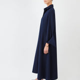 Model wearing midi shirt dress with elegant drape and modern fit| Navy - Maison Marron et amis