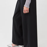 Wide-Leg Wool Blend Suit Pants in Black – Tailored Fit with Half Waistband- Maison Marron et amis