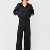 Wide-Leg Wool Blend Suit Pants in Black – Tailored Fit with Half Waistband- Maison Marron et amis