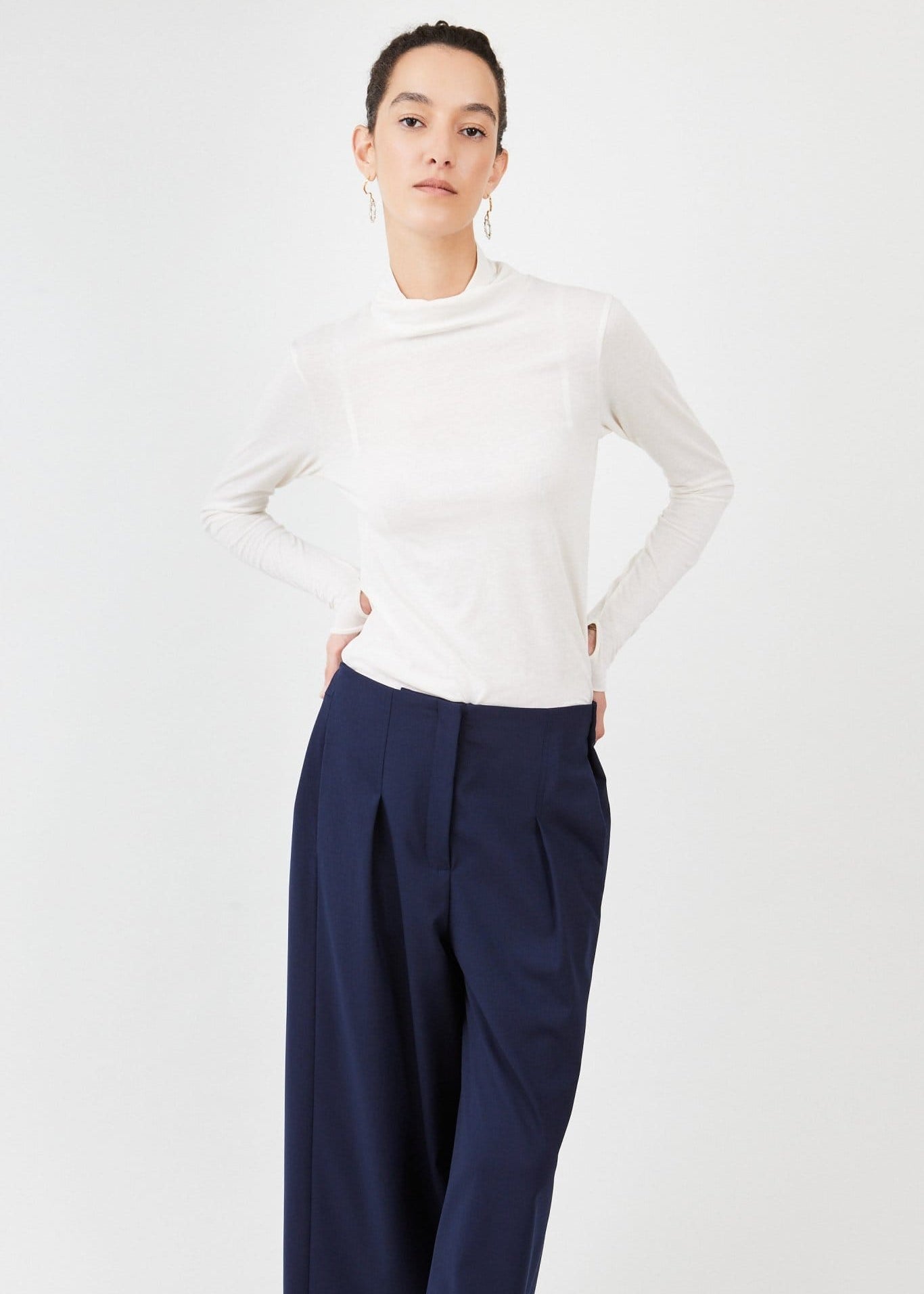 Off-White Sheer Turtleneck made from 100% Organic Cotton- Suit Pants Half Waistband | Navy - Maison Marron et amis