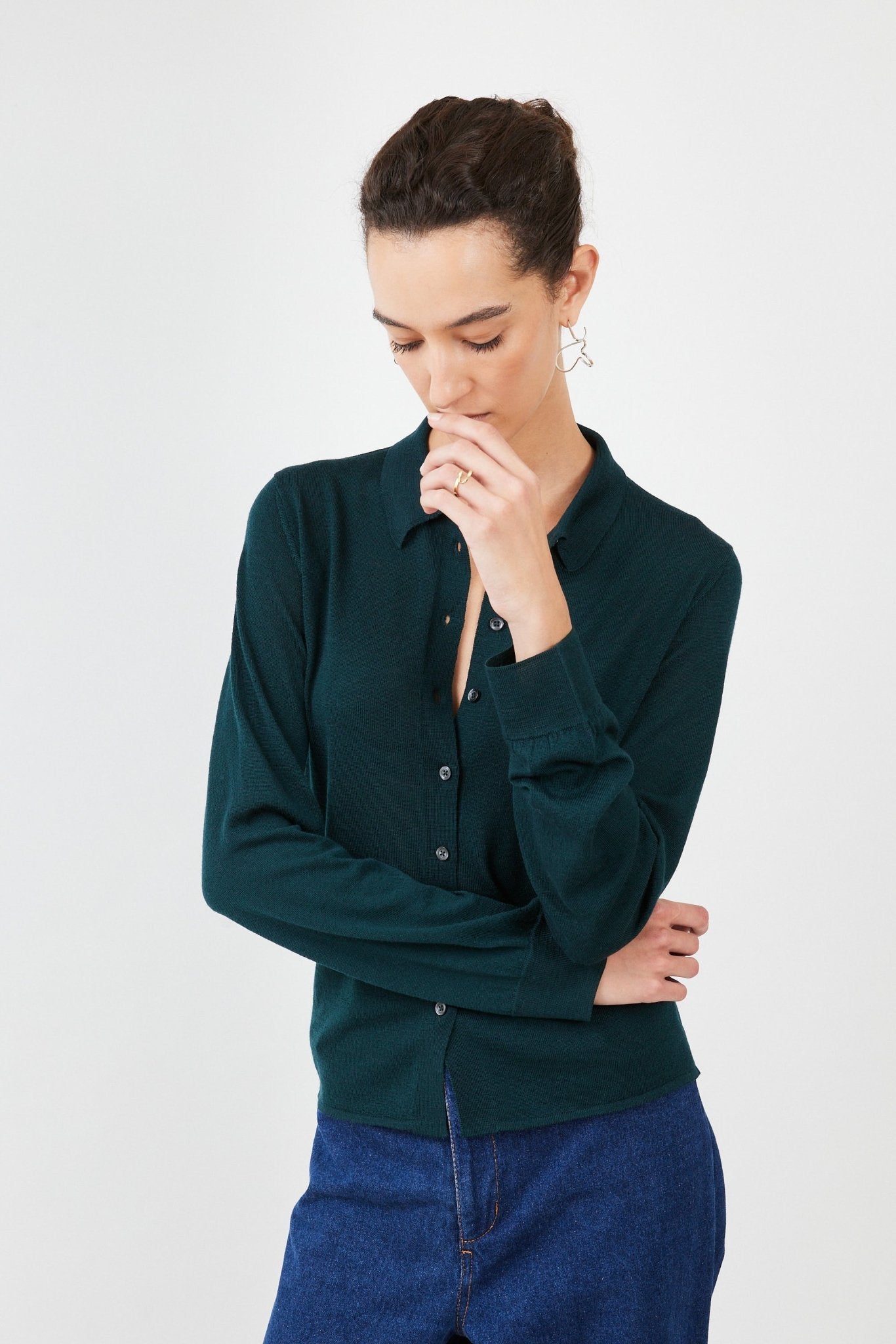 Super Fine Knitted Blouse  lightweight merino wool elegance Dark Green - Maison Marron et amis