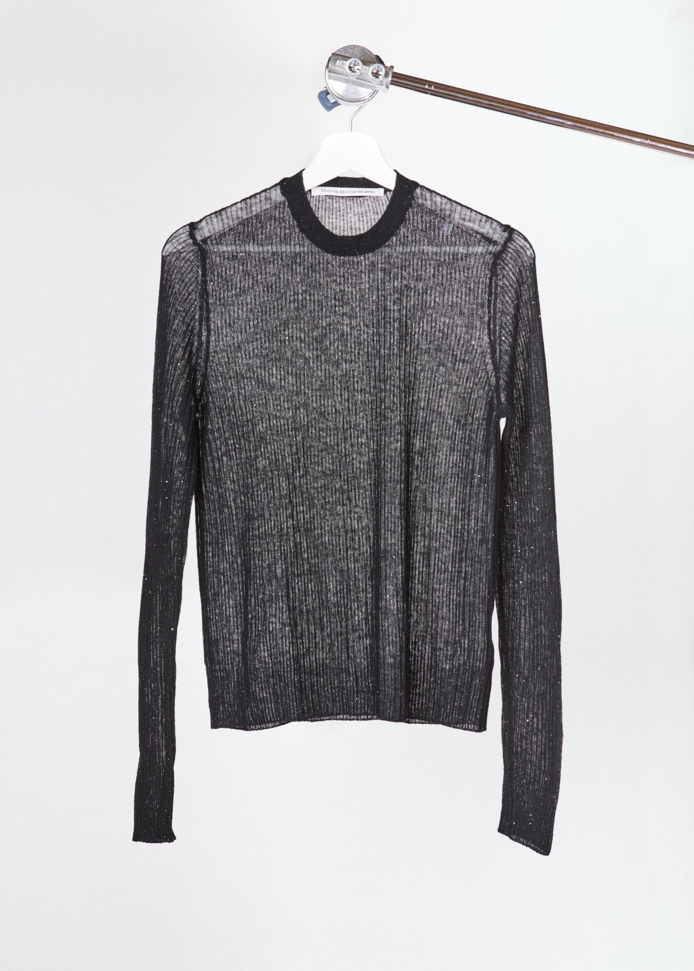 Ultra-light Merino wool ribbed crew neck sweater in Black– sustainable knitwear-Maison Marron et amis