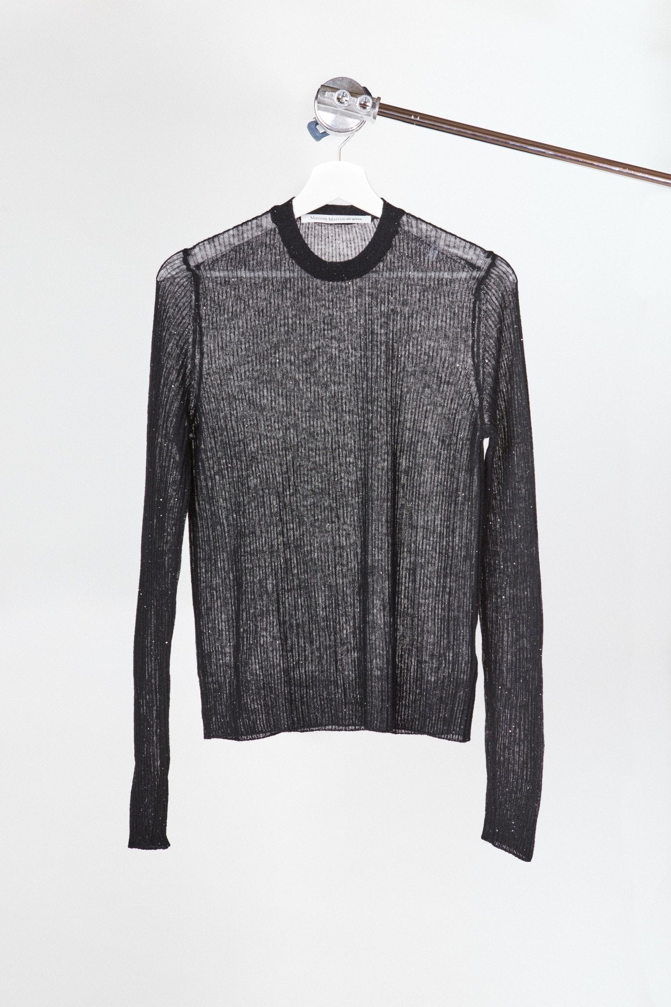 Ultra-light Merino wool ribbed crew neck sweater in Black– sustainable knitwear-Maison Marron et amis