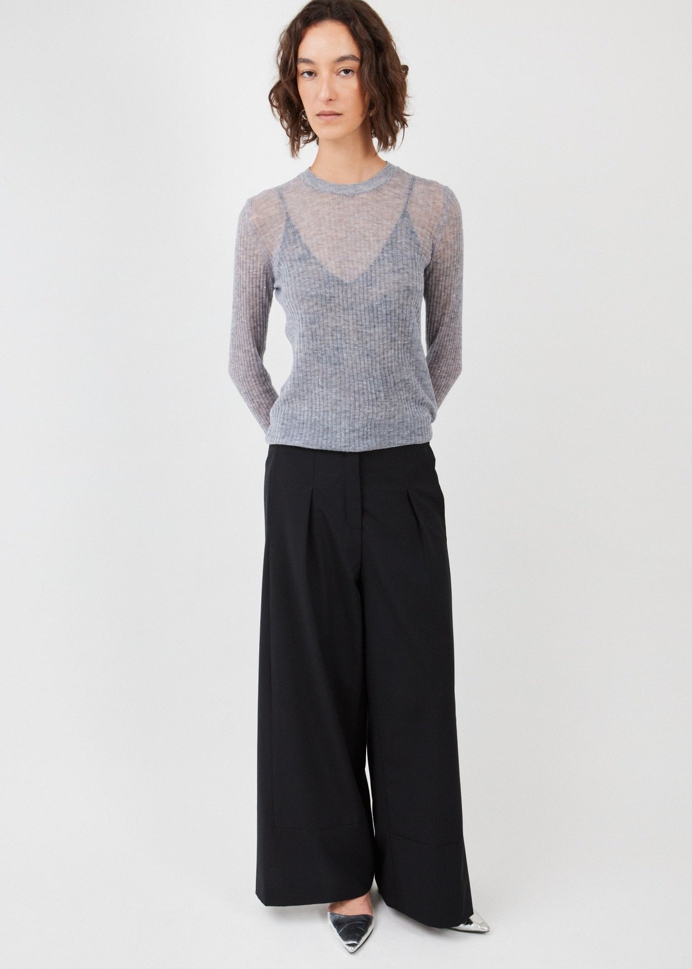 Ultra-light Merino wool ribbed crew neck sweater in Grey Melange with subtle sequin - Maison Marron et amis
